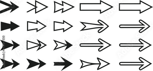 Set of various black arrow icons and outline symbols pointing right, representing navigation, forward, next, and direction.