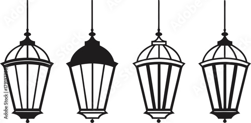 Set of four black and white hanging street lamps and oriental lanterns, decorative light fixtures vector illustration artwork.