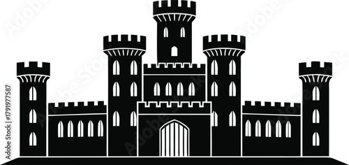 Majestic medieval castle silhouette icon graphic illustration featuring multiple towering turrets, strong fortress walls, and arched gates in a clean, flat vector.