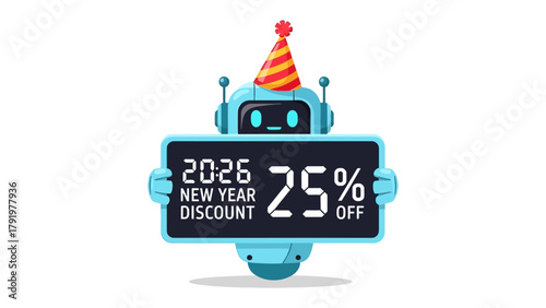New Year Discount by Robot: A cheerful robot celebrates the New Year, offering a generous 25% discount. This image is perfect for promotions.