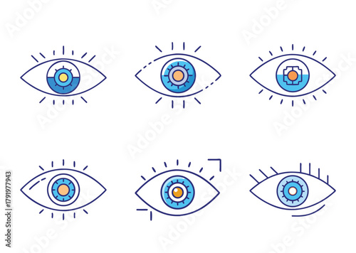 Set of six creatively designed abstract blue and orange colored eye icons
