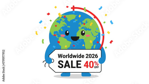 Global Sale Event: An animated globe character gleefully presents a promotional sale tag, creating a message of worldwide offers. The scene is festive, with confetti, symbolizing celebration.