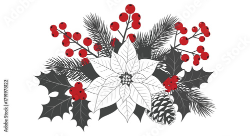 Festive christmas floral arrangement with poinsettia holly berries pine needles and pine cone