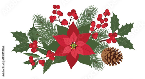 Festive christmas arrangement with red poinsettia holly berries pine branches and pine cone