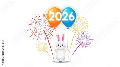 Year 2026 Celebration with Bunny: Celebrating the upcoming year with vibrant fireworks, balloons displaying the year's numerals, and a cheerful bunny ready to embrace the future. 