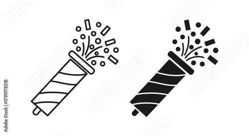 Two hand drawn icons of party poppers exploding with confetti isolated on white background