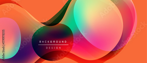 Abstract fluid shapes overlap, creating vibrant color gradients. Orange dominates background, with turquoise, purple highlights. Modern design element.