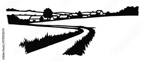 Rural village landscape with houses, winding road, and fields under clear sky