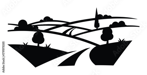 Rural landscape with hills and fields. Agriculture illustration. Farmland with trees and paths