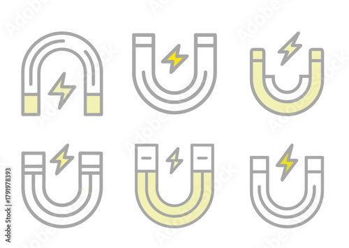 Variety of Horseshoe Magnet Illustrations Demonstrating Magnetic Field and Attraction Principles