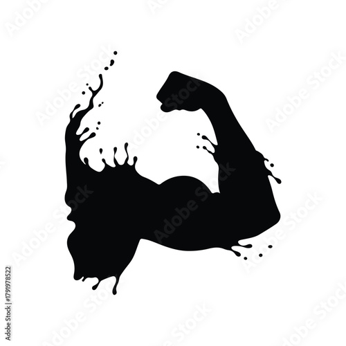 Silhouette of a strong muscular arm with dynamic splash effect, symbol of strength, fitness, and power on transparent background.