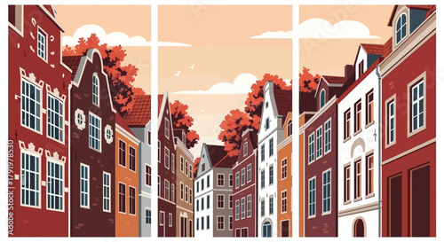 A scenic triptych illustration of a historic European city street with traditional gabled houses and warm autumn foliage