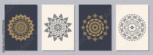 Set of flyers, posters, placards, brochure design templates A6 size with abstract circular geometric ornaments. Sacred, ethnic, esoteric geometric symmetrical isolated symbols. Vertical color blanks.