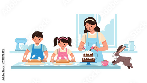 Family Baking Bonanza: A heartwarming scene unfolds as a mother and her two children engage in the delightful activity of baking together, capturing the essence of family bonding and culinary fun.
