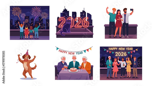New Year 2026 Celebration: Diverse group of people celebrating New Year 2026. Fireworks light up the night sky, and individuals gather with friends and family, capturing memories and sharing joy.
