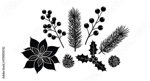 Black and white silhouette illustration of various festive christmas botanical elements including poinsettia pine cones holly and pine branches