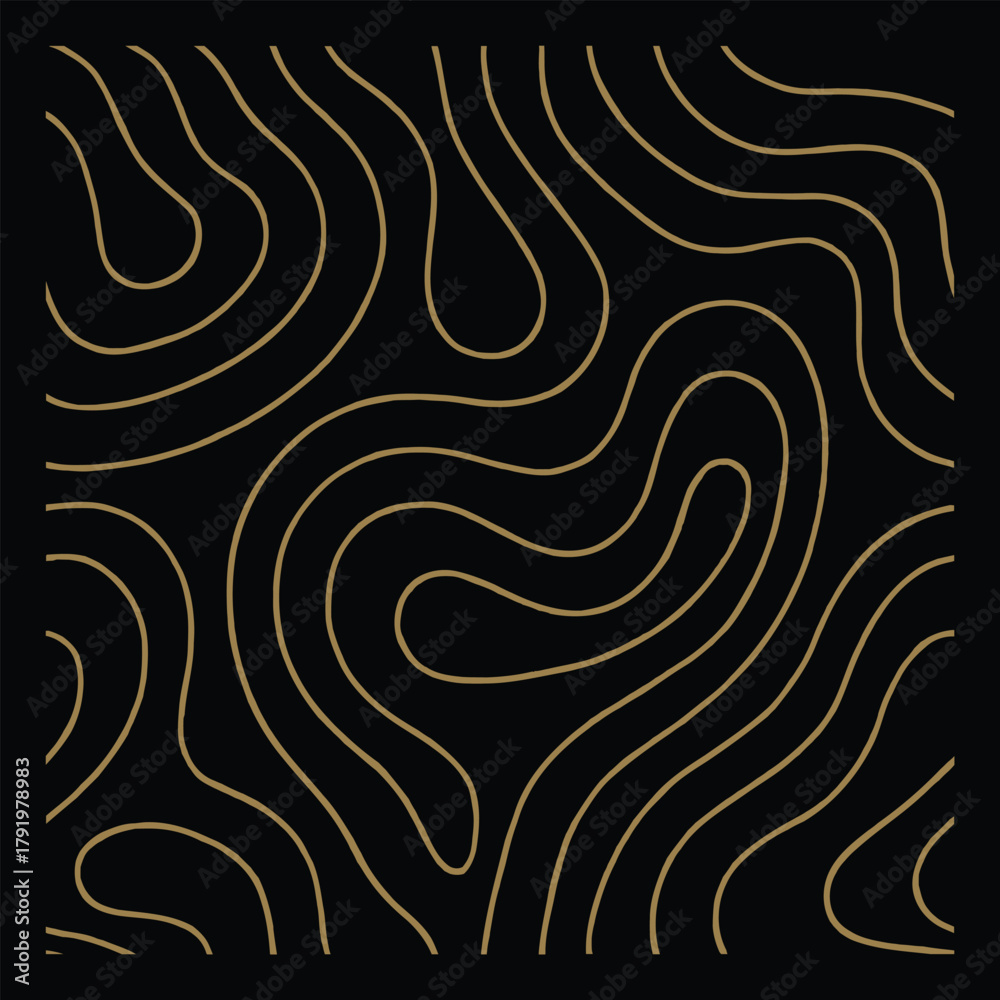 Fototapeta premium Topographic lines form a yellow contour map on a black background