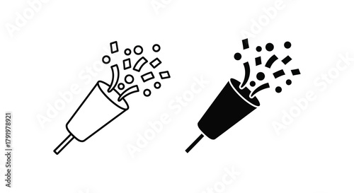 Two hand drawn icons of a confetti popper exploding with streamers and squares on a white background