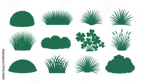 Set of green grass and bush silhouettes. various plants and shrub shapes for garden landscaping.
