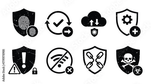 Set of internet security icons. shield with fingerprint or padlock, network connection icon.