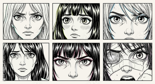 Six Panels Show Crying, Emotional Female Faces Expressing Various Feelings and Sadness