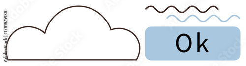 Cloud outline, light blue rectangle with Ok text, wavy lines suggest movement or calmness. Ideal for weather app, design, cloud storage, simplicity, feedback approval smooth style. Minimalist flat