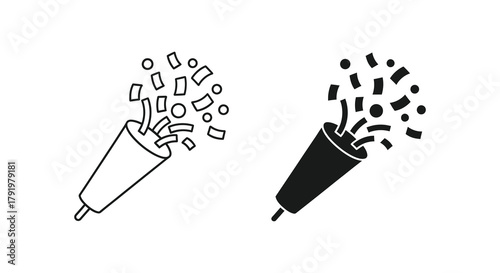 Hand drawn outline and silhouette of a confetti popper exploding with paper streamers and squares