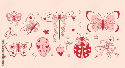 Valentine's Day Cute Insect Collection with Hearts and Stars, Hand-Drawn Style