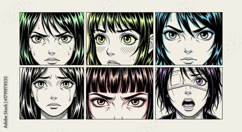 Six captivating anime-inspired female character portraits, each masterfully depicting a distinct emotional state with intense expressions and detailed artistry