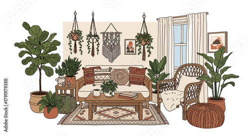 Hand-drawn vector illustration of a cozy bohemian living room with lush houseplants, macrame decor, and wicker furniture