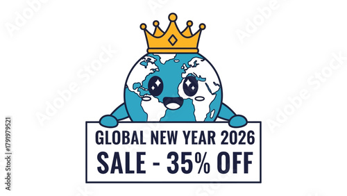 Global New Year 2026 Sale: A captivating illustration showcases a smiling globe adorned with a crown, joyfully promoting the Global New Year 2026 sale with an appealing 35% discount.