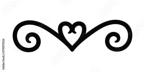 Simple black divider with heart shape. Elegant scroll decoration element and flourish