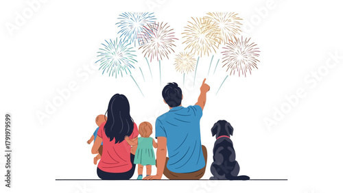 Family watching fireworks: A family, comprised of parents, children, and a dog, gazes up at a vibrant display of fireworks, creating a warm, celebratory atmosphere of love, togetherness.
