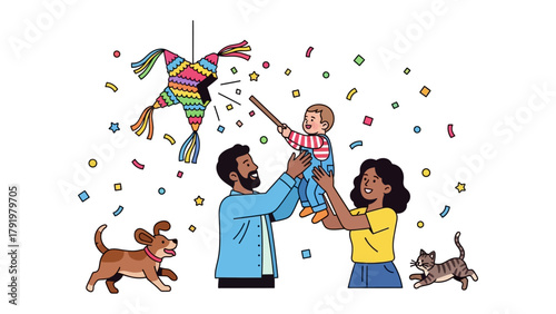 Festive Family Celebration: A joyful family celebrates a special occasion, with a baby playfully interacting with a colorful pinata, surrounded by confetti and animated pets.