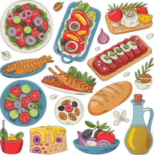 Assortment of Mediterranean food items and dishes greek food