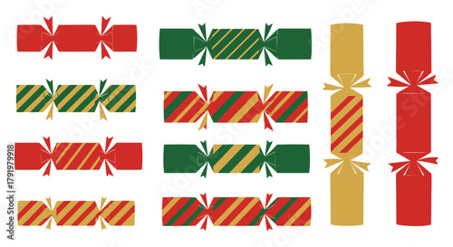 Collection of traditional christmas crackers in red green and gold with diagonal stripes and bows