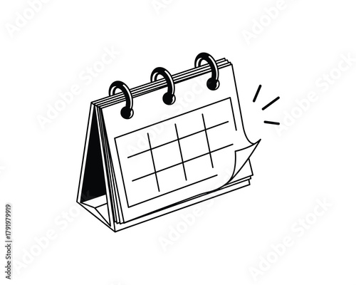 Simple line art drawing of a desk calendar. Flipping pages indicate passing time or events.