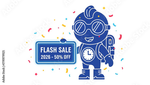 Flash Sale Promotion: A vibrant digital illustration of a charming character proudly presents a Flash Sale sign, promoting an exciting 2026 discount, creating visual appeal and marketing opportunity.