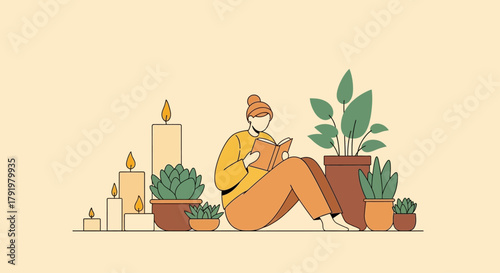 Reading among plants and candles A cozy scene of relaxation and tranquility, illustration