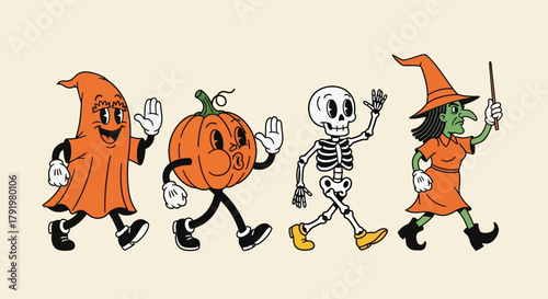 Whimsical Halloween procession featuring a friendly ghost, a walking pumpkin, a cheerful skeleton, and a classic witch in a vintage animation style