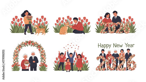 New year's celebration: Various scenes of happy people celebrating new year surrounded by flower with joyful expressions and togetherness.