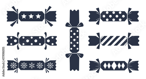 Collection of six festive christmas crackers in silhouette with various decorative patterns and designs