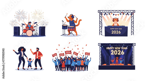 New Year Celebration in 2026: A vibrant ensemble of illustrations captures the spirit of the New Year, showcasing festive scenes of celebration, performance, and togetherness.