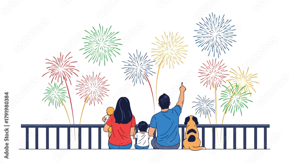 Naklejka premium Family Fireworks Display: A family united, watching colorful fireworks light up the night sky, their backs turned to the viewer, fostering a sense of shared wonder and togetherness.