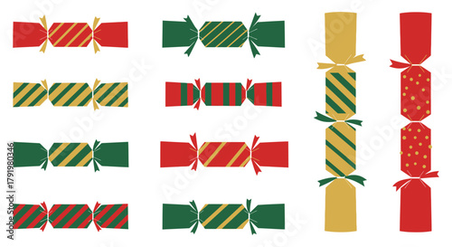 Collection of traditional christmas crackers in festive red green and gold colors arranged in rows