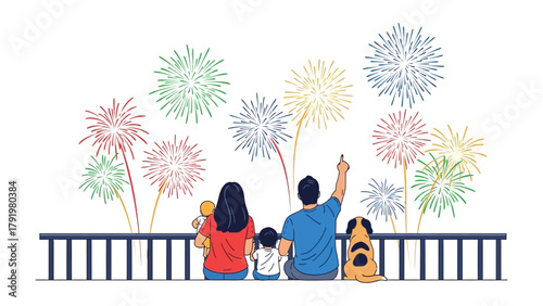 Family Fireworks Display: A family united, watching colorful fireworks light up the night sky, their backs turned to the viewer, fostering a sense of shared wonder and togetherness.