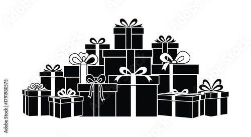 A large pile of black and white gift boxes with ribbons and bows for celebrations and holidays