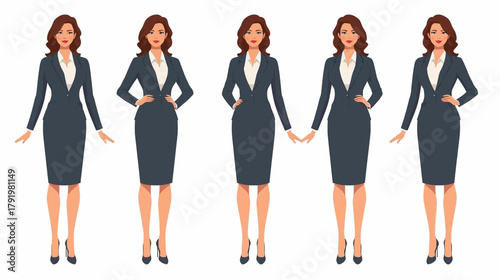 A set of five illustrations depicting a professional businesswoman in a dark suit, showcasing different poses, perfect for corporate presentations and business designs.