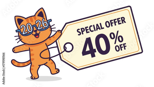 Cat Offer for Sale: a charming cartoon cat is promoting a special offer with a discount sign and glasses.  