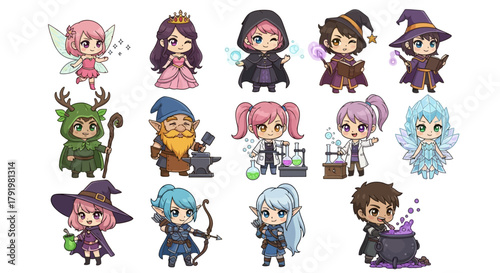 Collection of Adorable Fantasy Characters Vector Set - Whimsical Magical Fairies, Wizards, Elves, and Gnomes in Chibi Style for Imaginative Projects